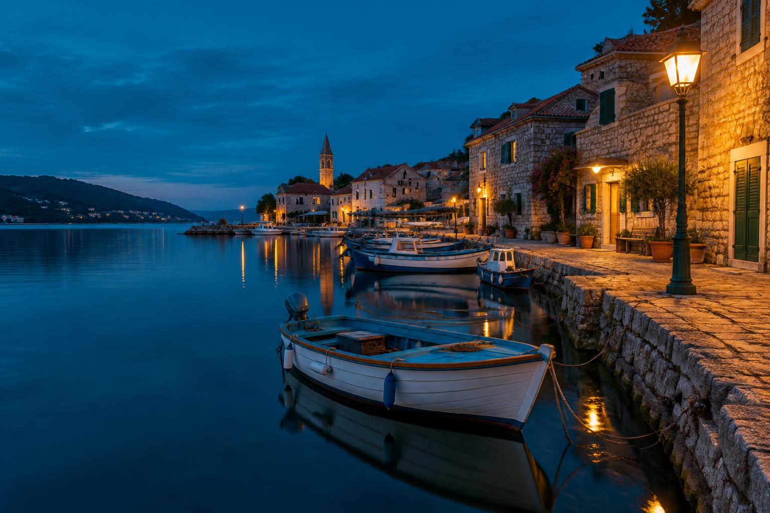 A quiet Mediterranean harbour at dusk with small boats along a stone quay