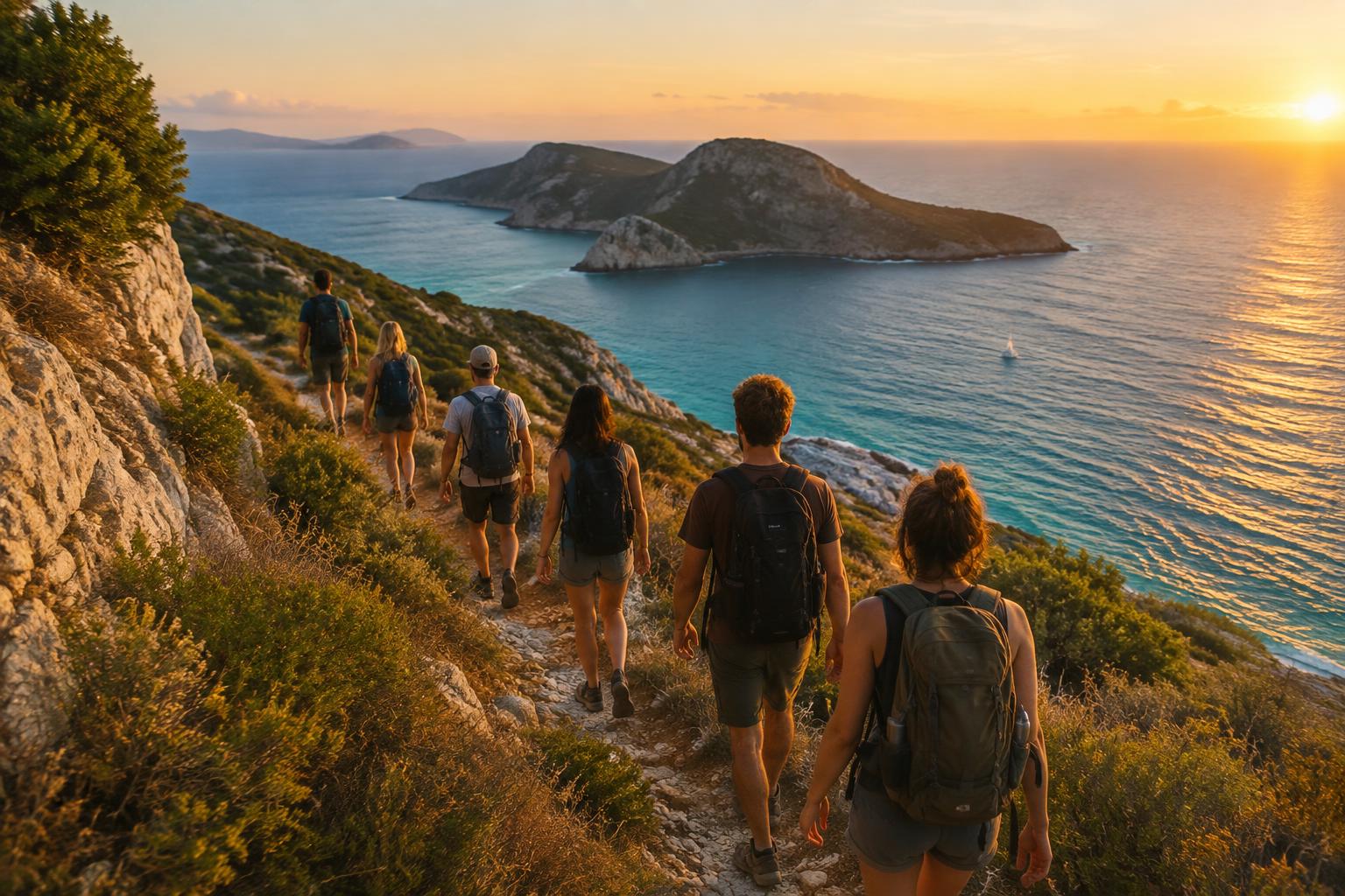 A small group of travelers walking a coastal path above the sea at golden hour