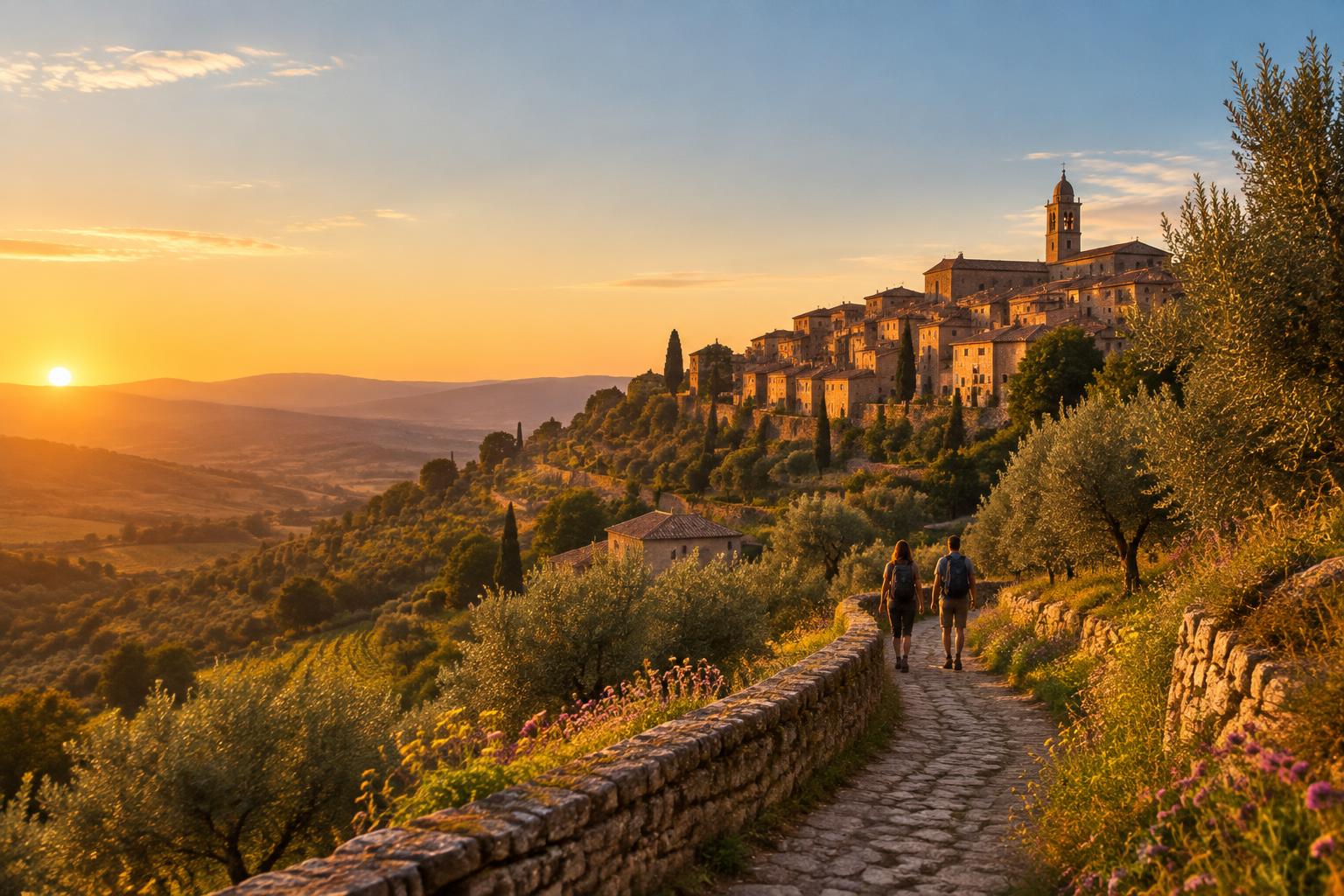 A stone footpath winding up a hillside toward a sunlit hill town at golden hour
