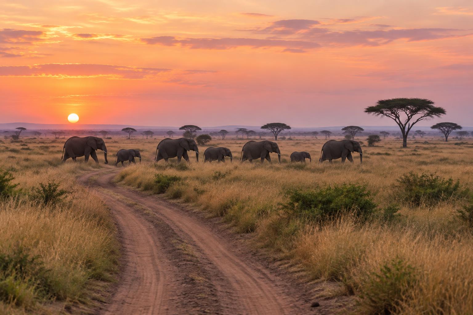 Elephants crossing open grassland at first light with acacia trees on the horizon