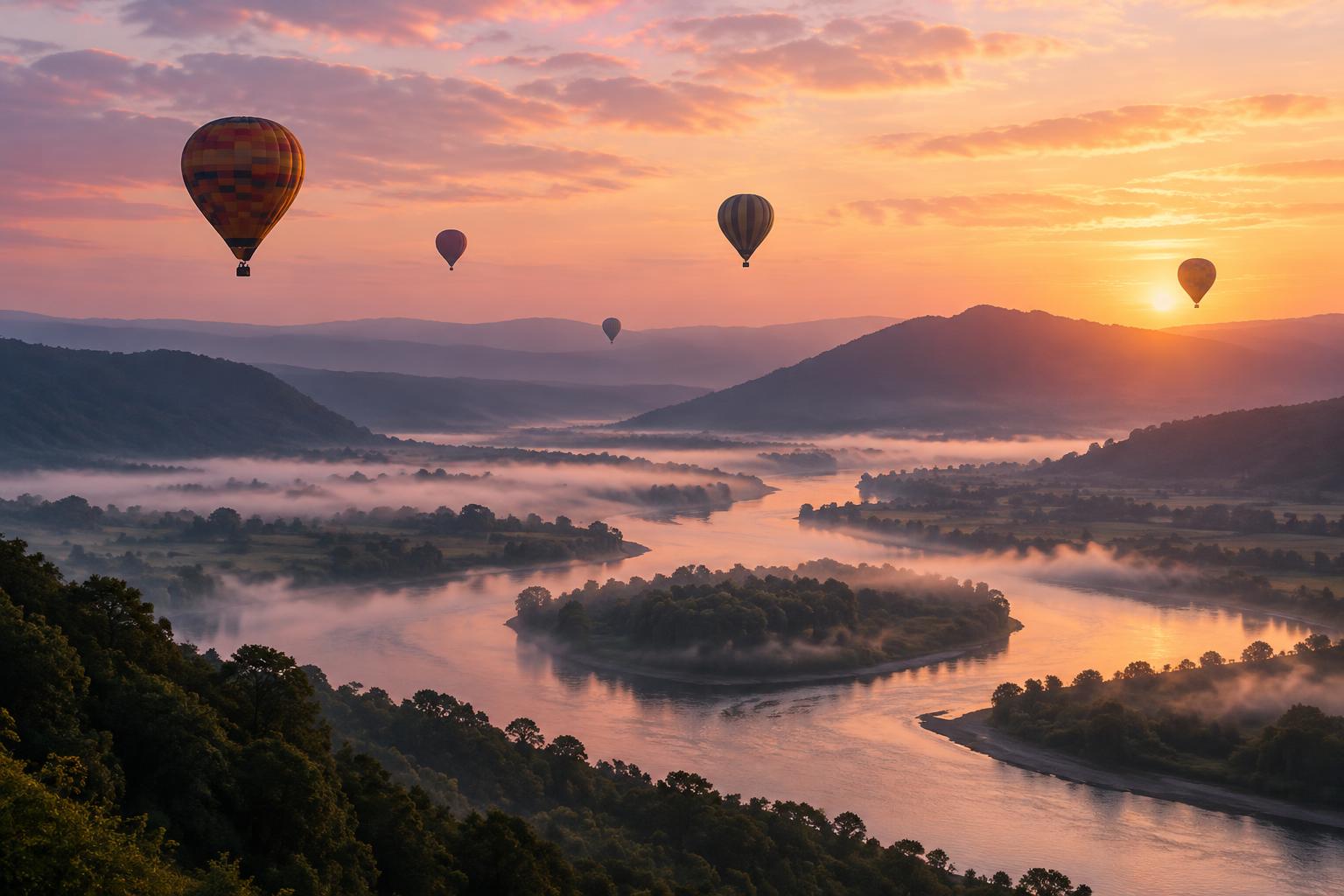 Hot air balloons drifting over a misty river valley at dawn
