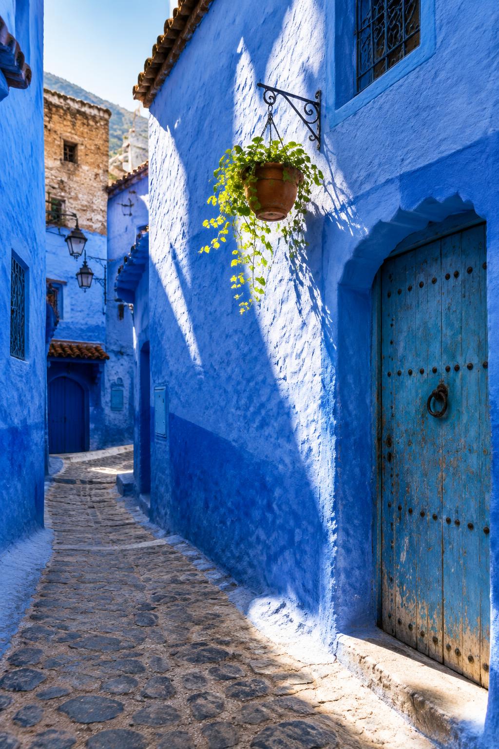 A narrow blue-washed alley in a medina with morning light on the walls