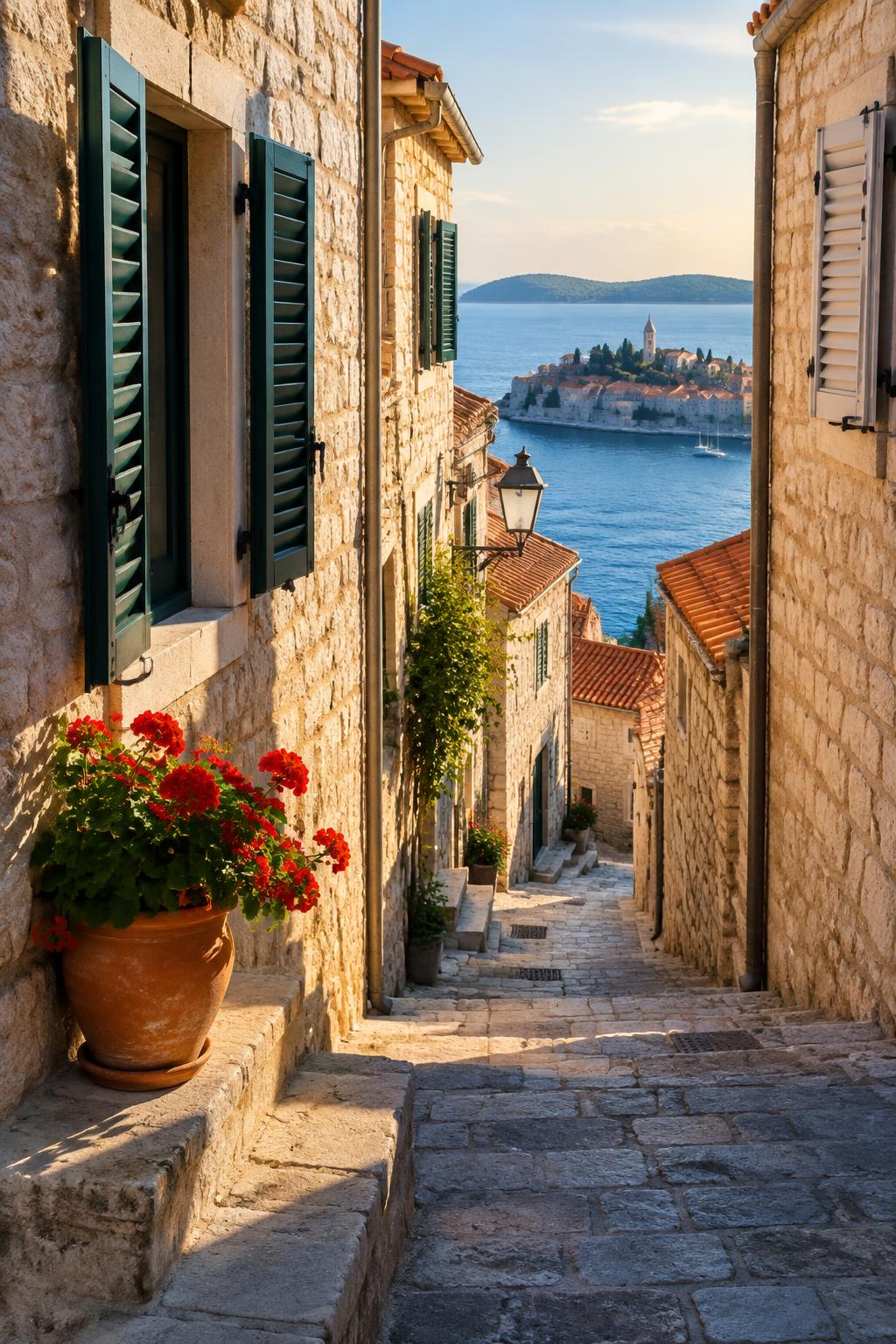 A stone-flag alley in a coastal village with a pot of geraniums on a step