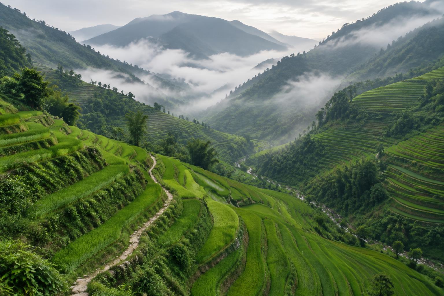 Emerald rice terraces stepping down a misty mountain valley